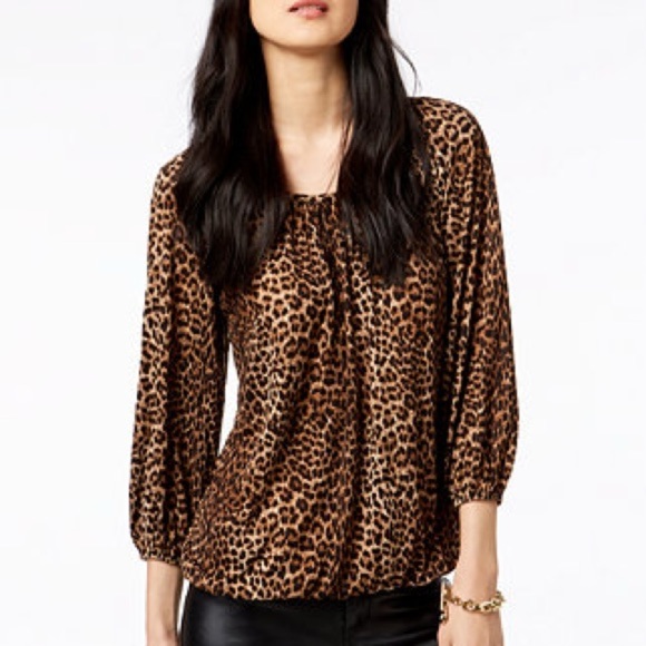 MICHAEL Michael Kors Pullover Leopard Print Peasant Top Blouse Size XL - Picture 1 of 10